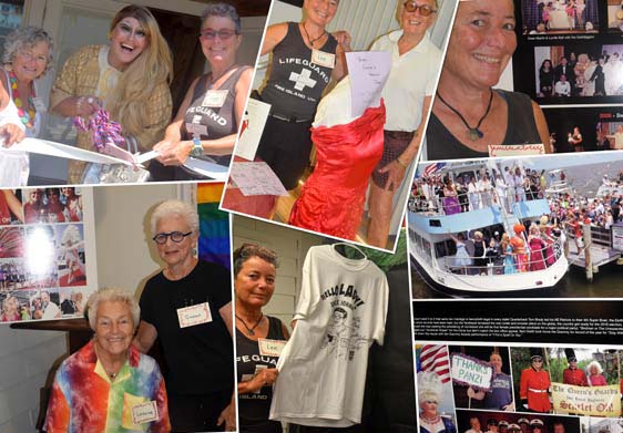 photos by Bruce-Michael Gelbert - 1. cutting the ribbon (left to right) Clara Bogetti, Homecoming Queen Davida Jones, & Lee Sharmat, 2. Lee Sharmat with Rose Levine & her "Six Red Dresses" dress, 3. Lee Sharmat & "Direct TV" & "Sweet Talkin' Guys" photos, 4. Lorraine Michels, Susan Kravitz & Queen Scarlet Oh! display, 5. Lee Sharmat & Johny Pool & Bella display, 6. Invasion 2015 photos 